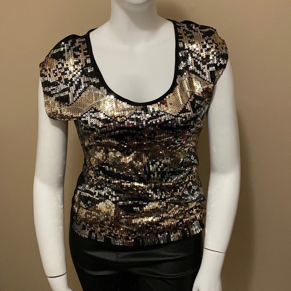 2B Bebe Black/Gold/Silver Sequin Top - Size M